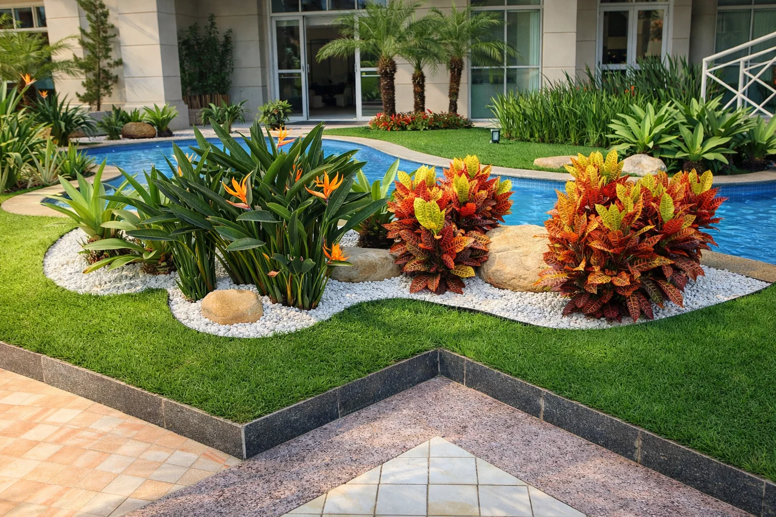 Projeto paisagístico com plantas tropicais e piscina